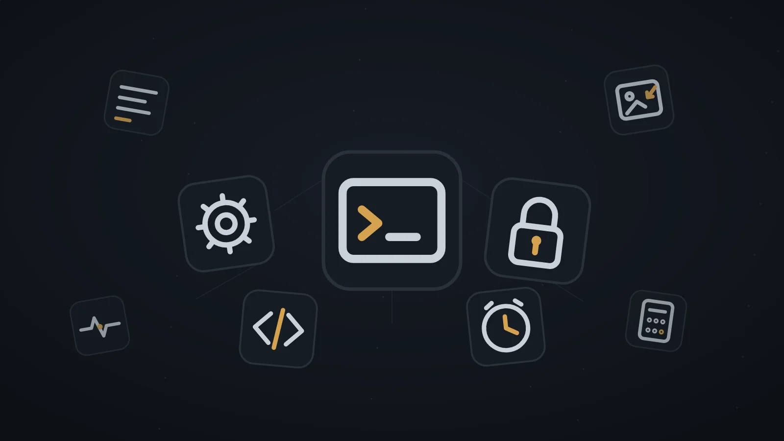 Locker angeordnete dunkle Icon-Kacheln mit Werkzeug-Symbolen wie Terminal, Zahnrad, Schloss und Uhr auf dunklem Hintergrund